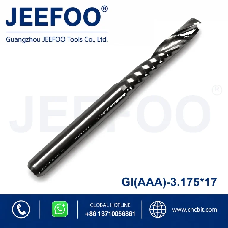 3.175x17 Premium AAA One Spiral Flute Tungsten Carbide End Mill, High Gloss Smooth Cutting CNC Milling Tool for Acrylic Board Processing product image