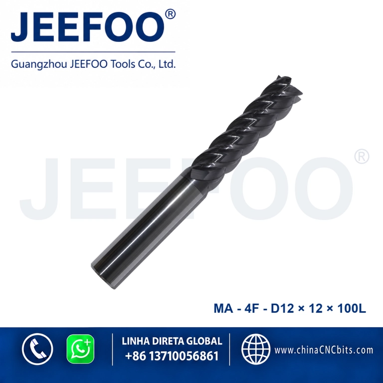Fresa de topo quadrada em metal duro integral 4Fx12x12x100L para maquinagem CNC de metais