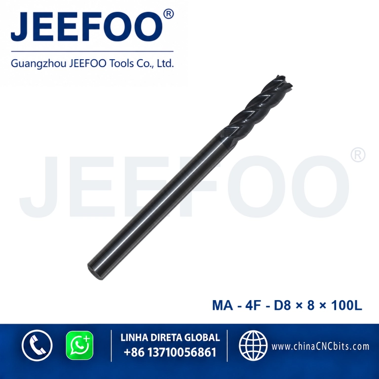 Fresa de topo quadrada em metal duro integral 4Fx8.0x8x100L para maquinação CNC de metais